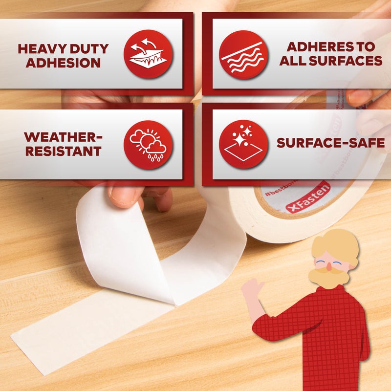 XFasten Double Sided Tape, White, Removable and Residue-Free, 2-Inch x 30 Yards, Surface Safe Two-Sided Sticky Adhesive Tape for Wall, Floor, Clothes, Rug, Fabric, Crafts and Scrapbooking - Image 2